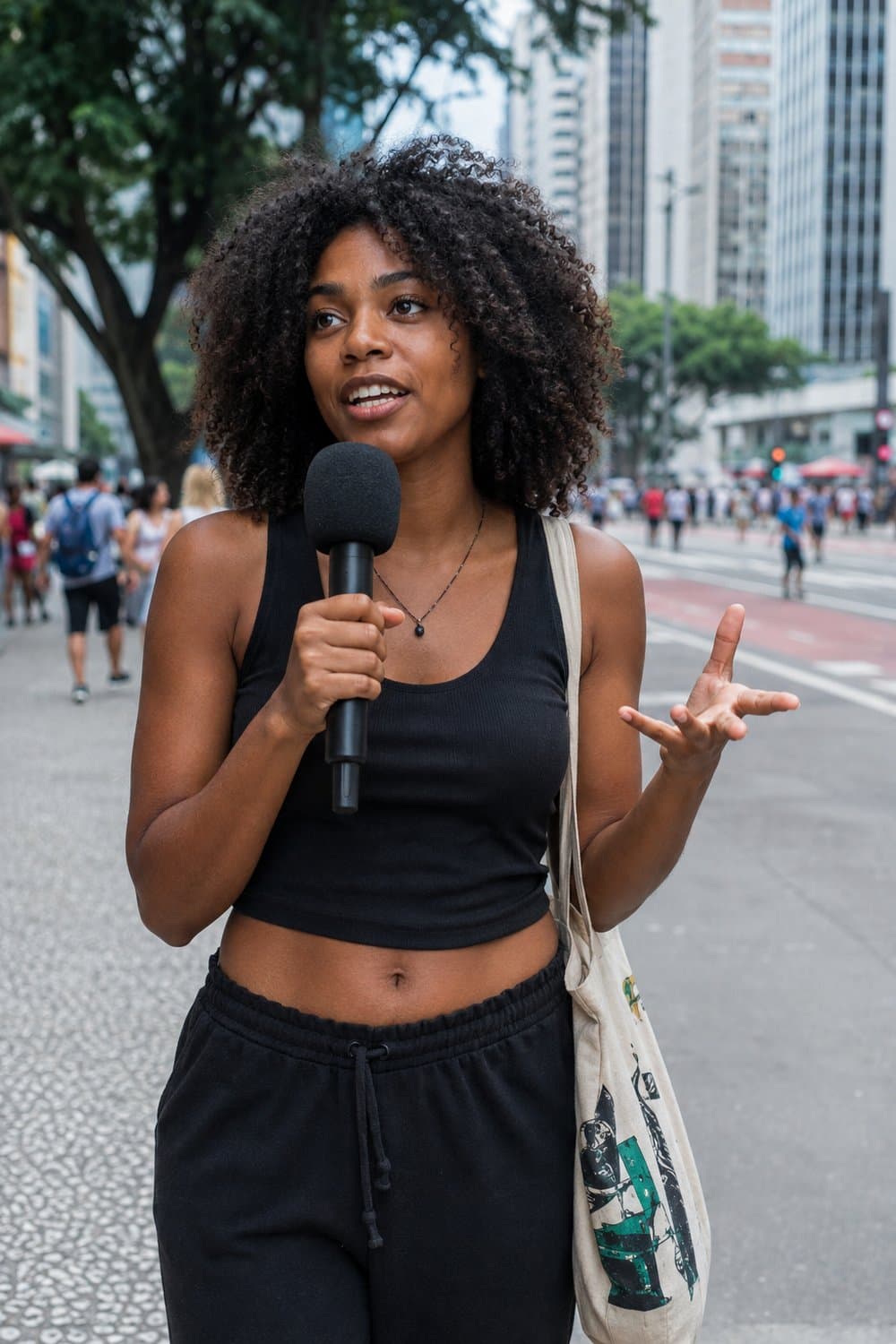 Entrevistadora da Authentico conversando com uma participante na rua